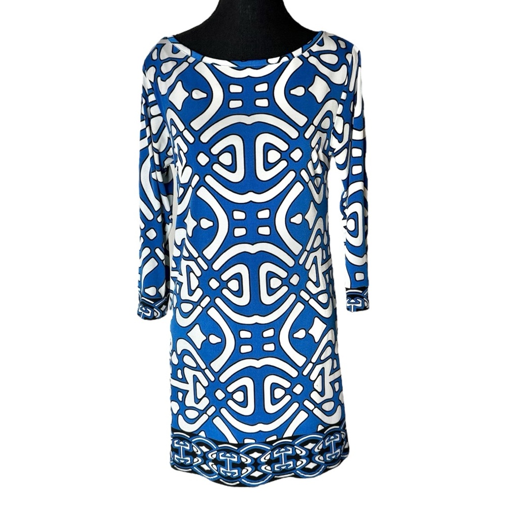 LAUNDRY BY DESIGN Blue White Abstract Shift Sheath Dress Stretchy Size 2